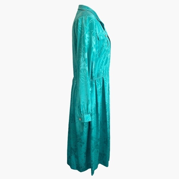 Vintage 80s Leslie Fay Teal Floral Embossed Jacquard Satin Pleated Shirt Dress - Picture 10 of 15